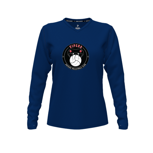 [FTLVPTNV-FYXS-LOGO1] Decker Performance T-Shirt (Female Youth XS, Navy, V Neck, Logo 1, Long Sleeve)